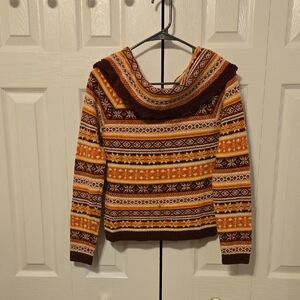 The Limited Orange and Brown Cowl Neck Sweater with Nordic Patterns